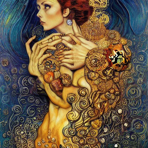 Prompt: Divine Chaos Engine by Karol Bak, Jean Deville, Gustav Klimt, Amanda Sage, and Vincent Van Gogh, fractal structures