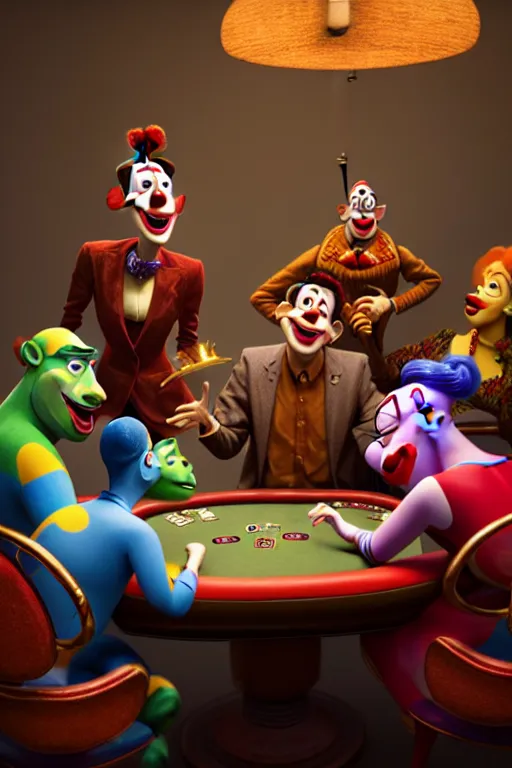 Image similar to pixar clowns sitting around a poker table, laughing maniacally | glamorous oily soft polished rich ornate modern | weta disney pixar movie still photo | hi - fructose, sci fi fantasy, smooth, octane render, sharp focus, artstation, concept art | artgerm, mucha, rutkowski, feng zhu, wlop, loish