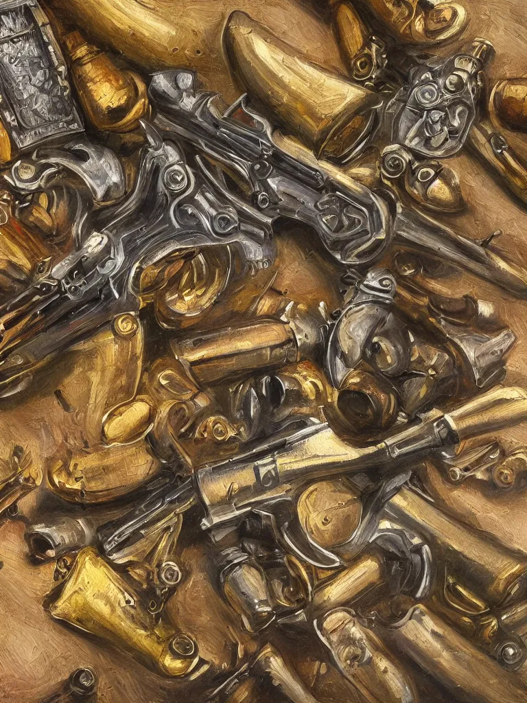 Prompt: oil painting of revolvers and bullets on a wall, ultrarealistic, intricate details, 4k