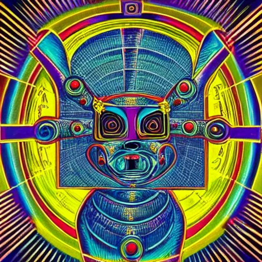 Image similar to the headed robotic hell dog, sacred geometry, alchemy, secrets of the merkabah in the style of alex grey