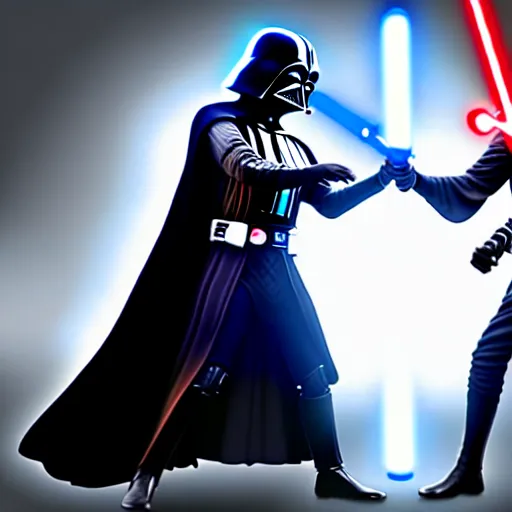 Image similar to ultra detailed picture of a fight between darth vador and obi wan kenobi where they each have only one lightsaber in their hand, unreal engine, extremely detailed, epic, dark, highly realistic, beautiful, ultra hd, extremely realistic faces