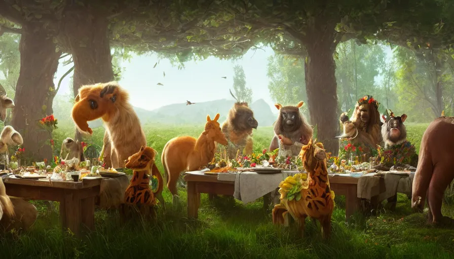 Image similar to a table dinner of animals where animals are dressed like the characters from the midsommar movie wearing flowers, realistic detailed digital art by maxwell boas jessica rossier christian dimitrov anton fadeev trending on artstation cgsociety rendered in unreal engine 4 k hq