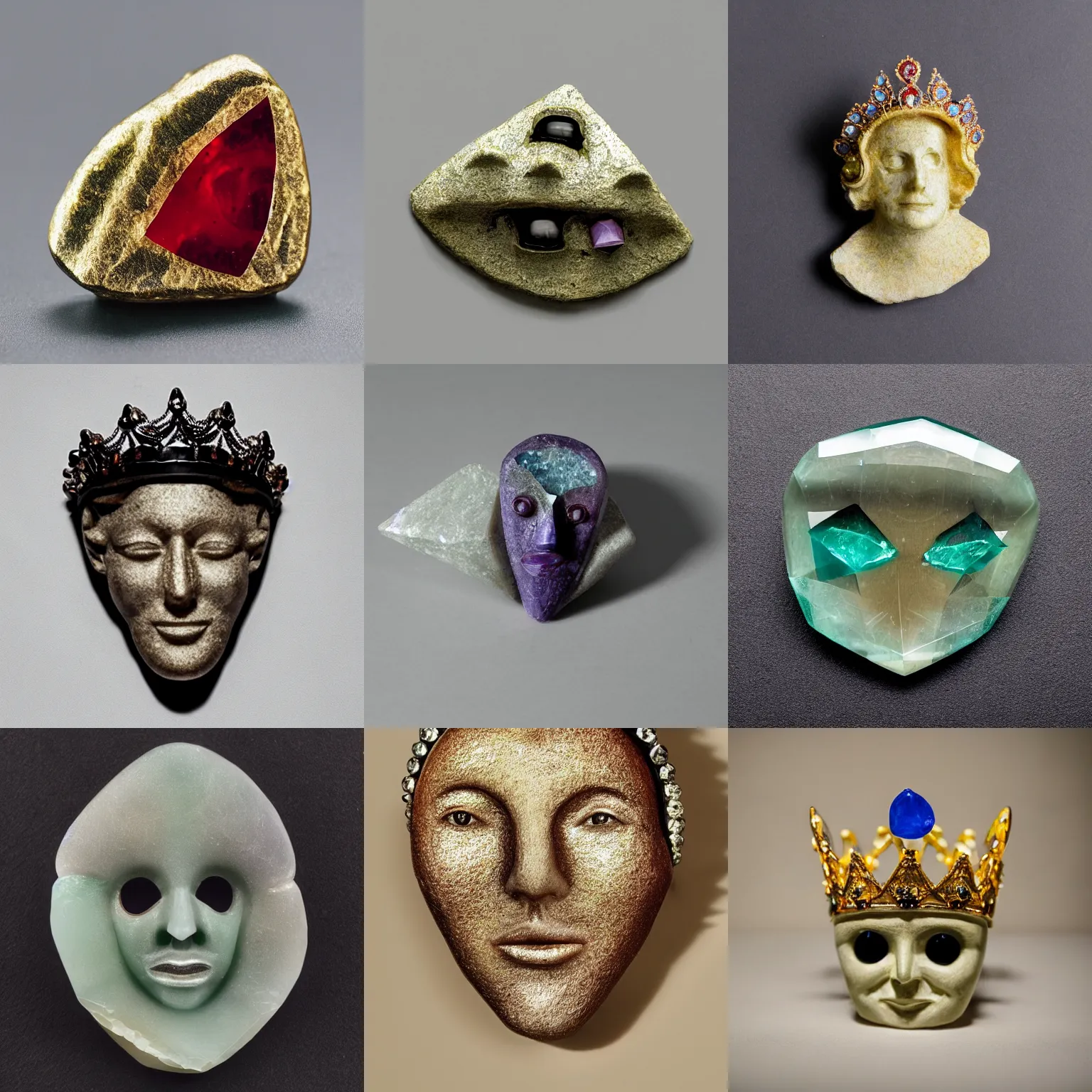 Prompt: multifaced gemstone shaped like a face wearing a crown