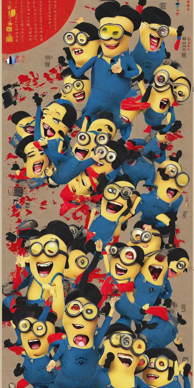 Image similar to chinese propaganda poster with minions