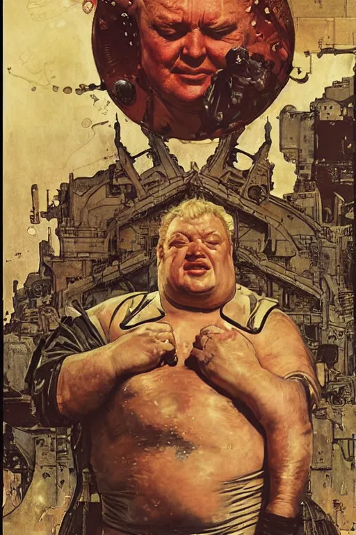 Image similar to baron harkonnen, plain background, painted by jack kirby, lawrence alma tadema, norman rockwell, greg staples, wayne barlow, neville page