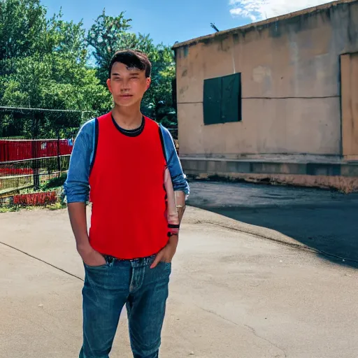 Image similar to Young man standing looking to the right in a red bandana, blue striped shirt, gray vest and a gun with a partly cloudy sky in the background. The young man is standing in front of an iron fence. Photograph. Real life