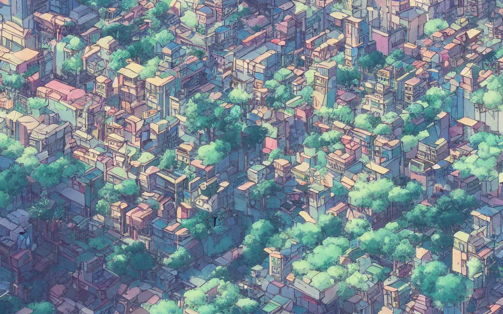 Image similar to a japanese city near the sea, lofi, dreamy, moody, very colorful, anime inspiration, ghibli vibe