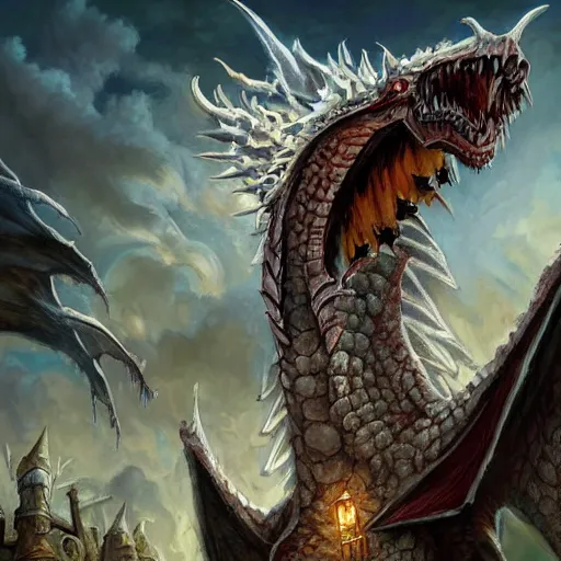 Prompt: the head of an evil white dragon attacking a village, by Tony Sart, detailed, realistic, masterpiece, symmetrical