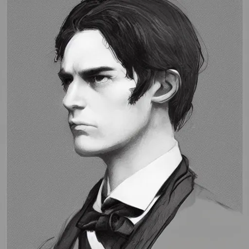 Image similar to a victorian doctor with a gun, young man, clean shaven, red eyes, very pale, vampire, dark brown duster, short brown hair, brooding, character art, full body art, Dungeons and Dragons, D&D, trending on artstation, artgerm, 4k ultra hd, sharp focus, highly detailed, digital art by Ilya Kuvshinov and Ross Tran,