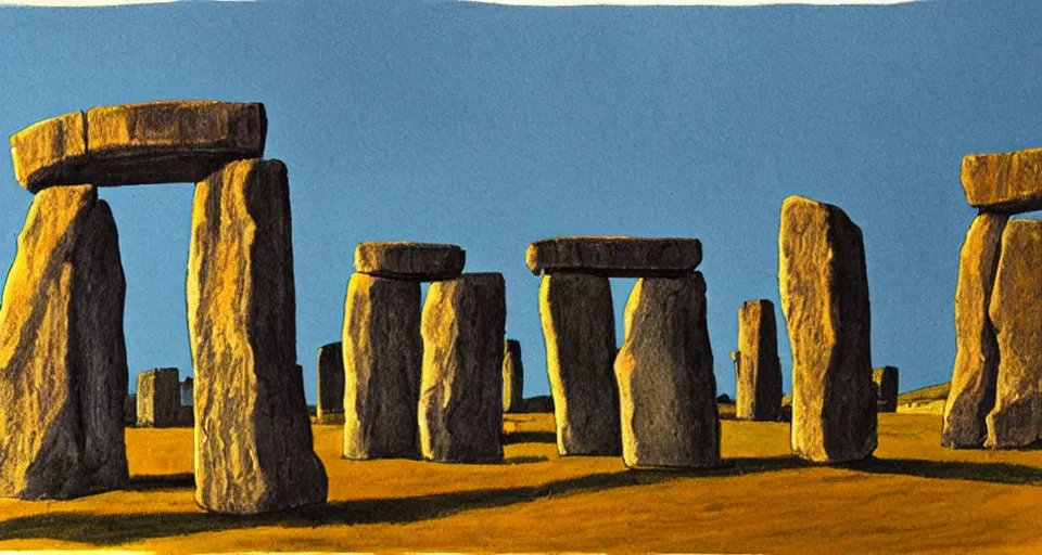 Image similar to color sketch of stonehenge, highly detailed, dramatic lighting, intense shadows, rich deep colours, by david hockney