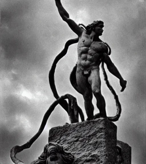 Prompt: a man frozen to statue by medusa, ww1 film photo, grainy, high detail, high resolution