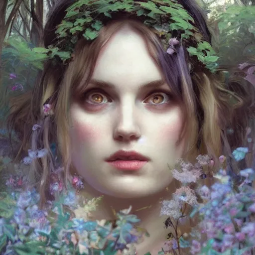 Prompt: close up portrait of alice in wonderland, magical forest, dramatic lighting, high detail, painted, by greg rutkowski, painted by stanley artgerm, painted by alphonse mucha, trending on artstation