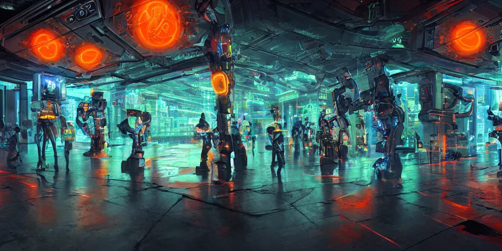 Prompt: futuristic neon lit scene of death of the money lenders, robot cyborgs, futuristic oil painting by rembrandt and jeff koonz, ( led panel screens and projections ), intricate details, ultra realistic, dynamic lighting, black and orange colour palette, octane render