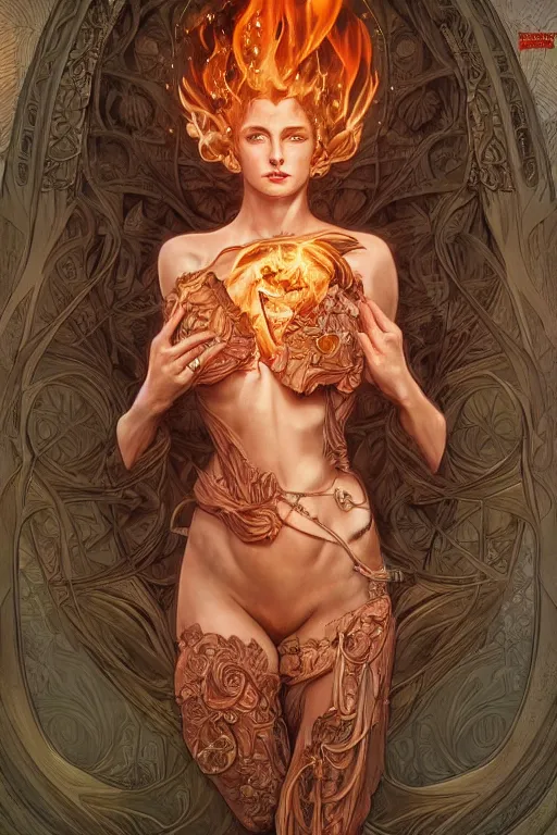 Image similar to fire in the shape of a woman, anatomy, cute, fantasy, intricate, elegant, highly detailed, digital painting, 4 k, hdr, concept art, smooth, sharp focus, illustration, art by artgerm and h r giger and alphonse mucha