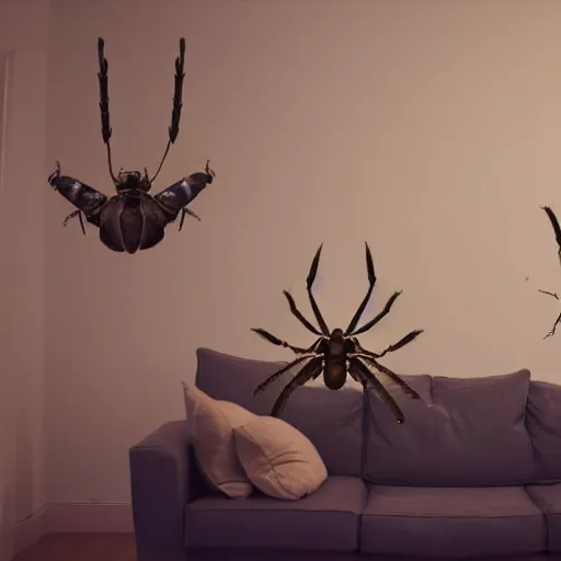 Image similar to Horrifying giant bugs in a small cramped living room, ominous, 4K, high octane,