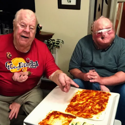 Prompt: fat orange tabby cat next to curly haired man and lasagna on table, jim davis