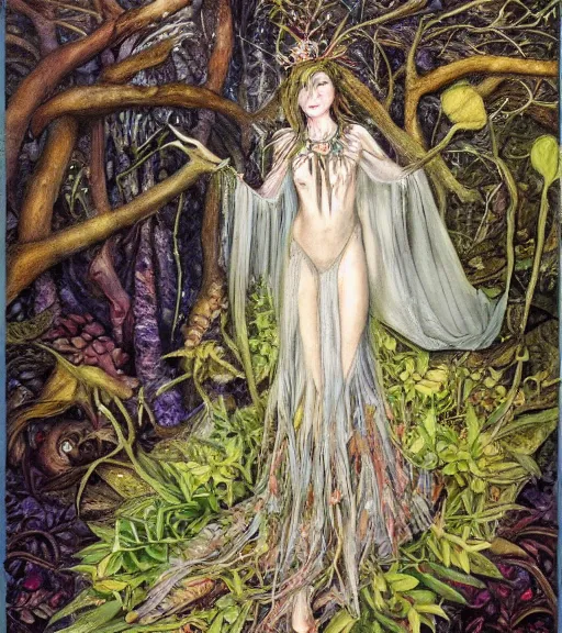 Image similar to fey queen of the summer forest, dress of leaves, fine features, thin, young, silver shimmering hair, by brian froud, stars, night colors, oil on canvas, oil panting