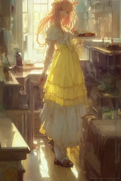 Prompt: A girl in a maid's outfit in a cafe a afternoon, wavy hair yellow theme,S line,45 angel by krenz cushart and mucha and akihito yoshida and greg rutkowski