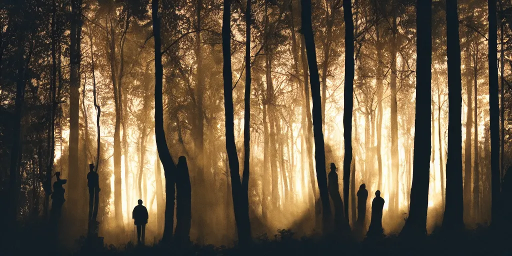 Prompt: silhouetted tall figures in the woods, volumetric lighting, Portra 160, night time, ominous