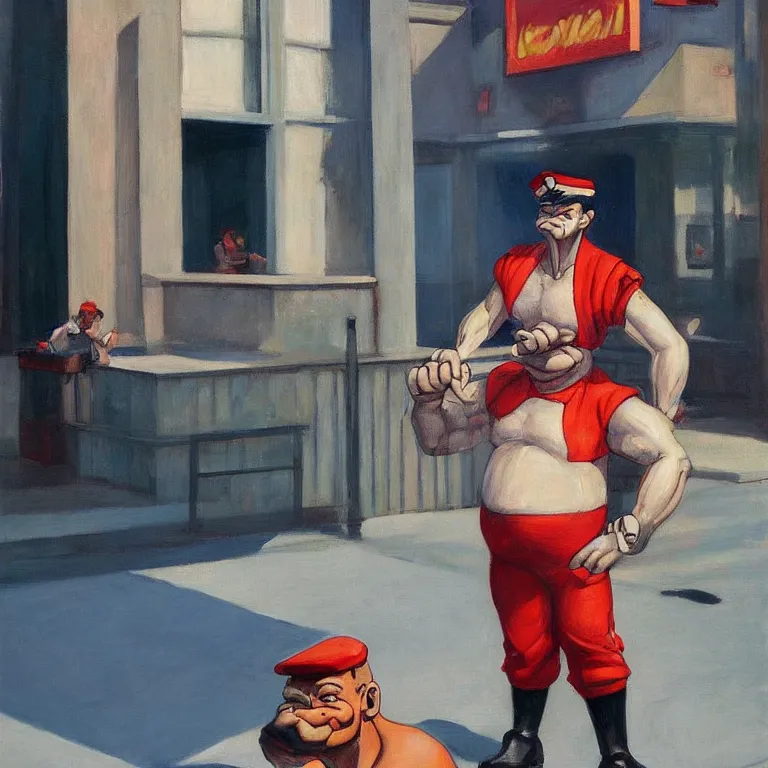 Image similar to Street-art portrait of Popeye the Sailor in style Edward Hopper, photorealism