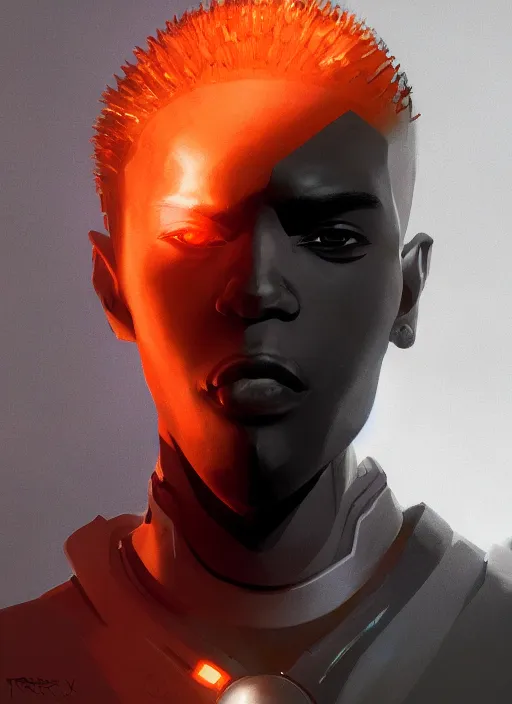 Image similar to full body portrait of thin fit black man with mohawk, futuristic techwear, highly detailed clothing, angular jawline, masculine, cinematic digital painting, artstation, dramatic concept art, smooth, sharp focus, electric orange highlight, fantasy art by greg rutkowski, loish, rhads, ferdinand knab, makoto shinkai, ilya kuvshinov, rossdraws