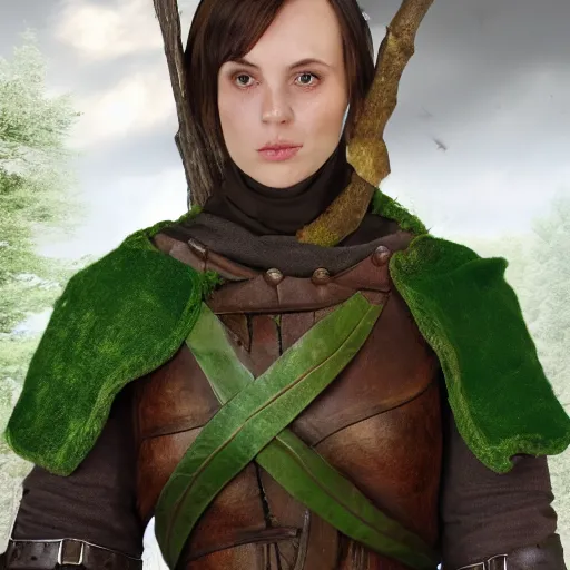 Image similar to anya charlota as a medieval fantasy wood elf, dark brown hair tucked behind ears, wearing a green tunic with a fur lined collar and brown leather armor, stocky, muscular build, scar across nose, one black, scaled arm, wielding a battleaxe, cinematic, character art, digital art, forest background, realistic. 4 k