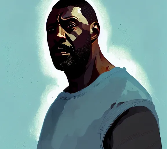 Prompt: portrait of portrait, idris elba as a kind king, by atey ghailan, by greg rutkowski, by greg tocchini, by james gilleard, by joe fenton, by kaethe butcher, by ashley wood, dynamic lighting, gradient light blue, brown, blonde cream and white color scheme, grunge aesthetic