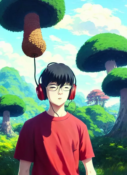 Prompt: portrait of chilled kong holding a mushroom, sunny sky background, lush landscape, illustration concept art anime key visual trending pixiv fanbox by wlop and greg rutkowski and makoto shinkai and studio ghibli and kyoto animation, symmetrical facial features, black shirt, red headphones, ripped jeans, backlit, aerodynamic frame, gta 5