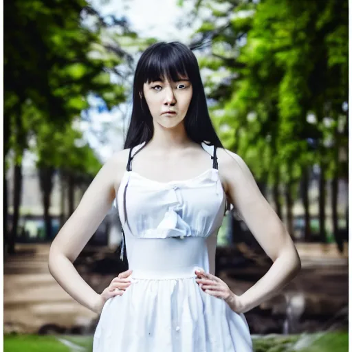 Image similar to a full body portrait of a young maid standing before a fountain in a park, 8k, cinematic, photo taken with Sony a7R camera, by William-Adolphe