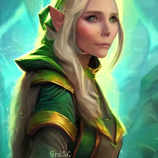 Image similar to beautiful female elf sorcerer, green lighting, elizabeth olsen face, in hearthstone art style, epic fantasy style art, fantasy epic digital art, epic fantasy card game art