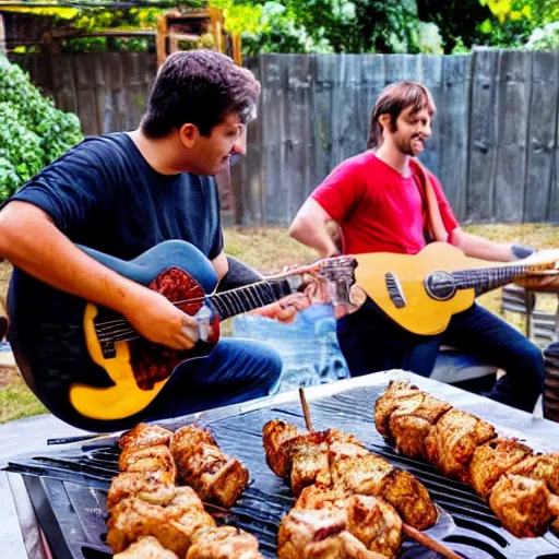 Image similar to three guys in night at the yard grilling kebabs and one guy playing guitar