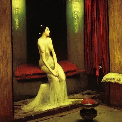 Prompt: beautiful woman inside an opium den. neon lighting by arnold bocklin, herbert james draper. oil on wood 1 9 0 0. intricate details. minimalist. ambient lighting. liminal space. vacant room. interior shrouded. shadows dancing in the background.
