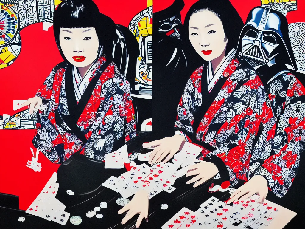 Image similar to hyperrealism composition of the detailed woman in a japanese kimono sitting at an extremely detailed poker table with darth vader, fireworks on the background, pop - art style, jacky tsai style, andy warhol style, acrylic on canvas