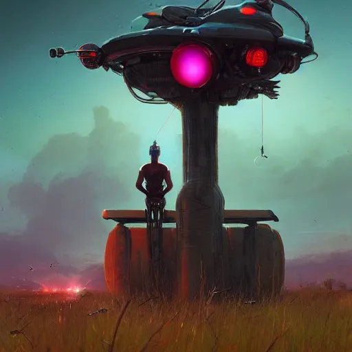 Image similar to a cyberpunk mursi elder sitting in a field watching a meteor shower with his hoverbike in the foreground by greg rutkowski and android jones in a cyberpunk style, oil on canvas, 8k, afrofuturism