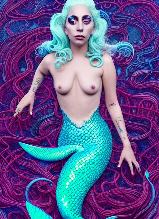 Prompt: lady gaga mermaid, deep ocean : : by martine johanna and simon stalenhag and chie yoshii and casey weldon and wlop : : ornate, dynamic, particulate, rich colors, intricate, elegant, highly detailed, vogue, harper's bazaar art, fashion magazine, smooth, sharp focus, 8 k, octane render,