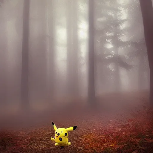 Prompt: Pikachu in a forest, early morning, misty, Patterson–Gimlin film, photorealistic