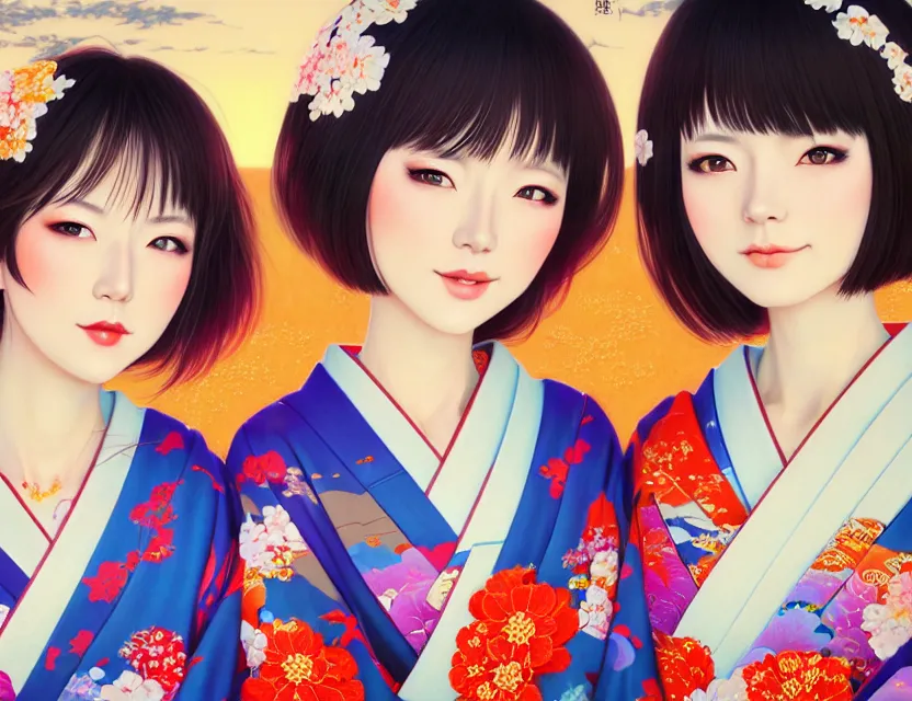 Image similar to two beautiful charming japan girls wear arty kimono in festival | | sunny night, full moon, dreamlike art, realistic shaded, smile, good looking, hyper details, 4 k realistic, cryengine, realistic shaded lighting poster by ilya kuvshinov, fuji choko, ross tran, 8 k resolution, trending on artstation, luxury