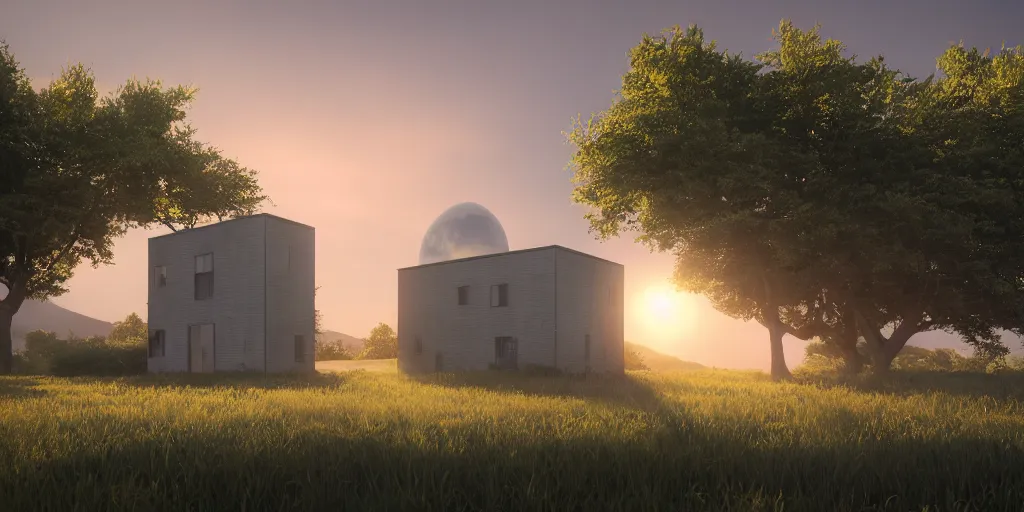 Prompt: a serene landscape with a singular building at sunrise with a giant jupiter appearing in the sky, digital art, concept art, octane render, unreal engine 5, hyperrealistic, highly detailed, high quality, 4K, low contrast, soft lighting, path tracing, complementary colors, natural lighting, geometric