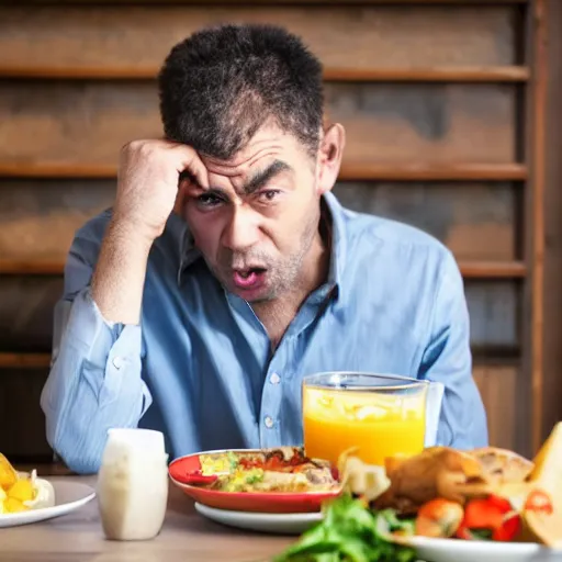 Image similar to A man looking in disgust at his lunch