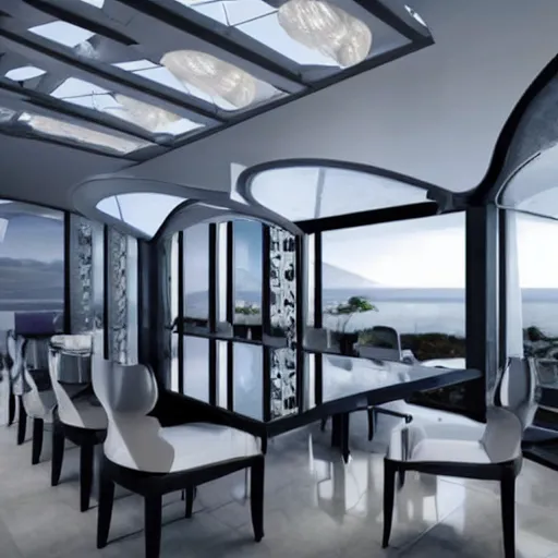 Prompt: dining room of a futuristic but classy mansion, views to the sea, mirror's edge, background of resident evil game