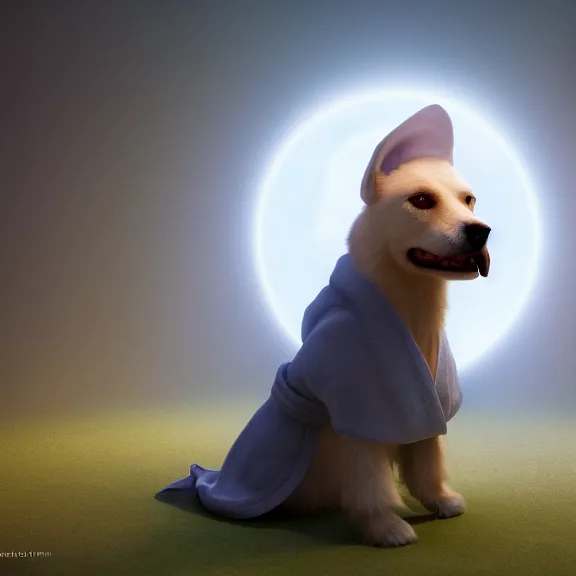 Image similar to a portrait of a dog wearing a robe in heaven, circular, glowing, circle, unreal engine, octane render, artstation, digital art.