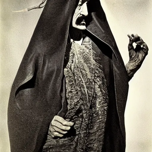 Image similar to salvador dali wearing a dark hooded cloak