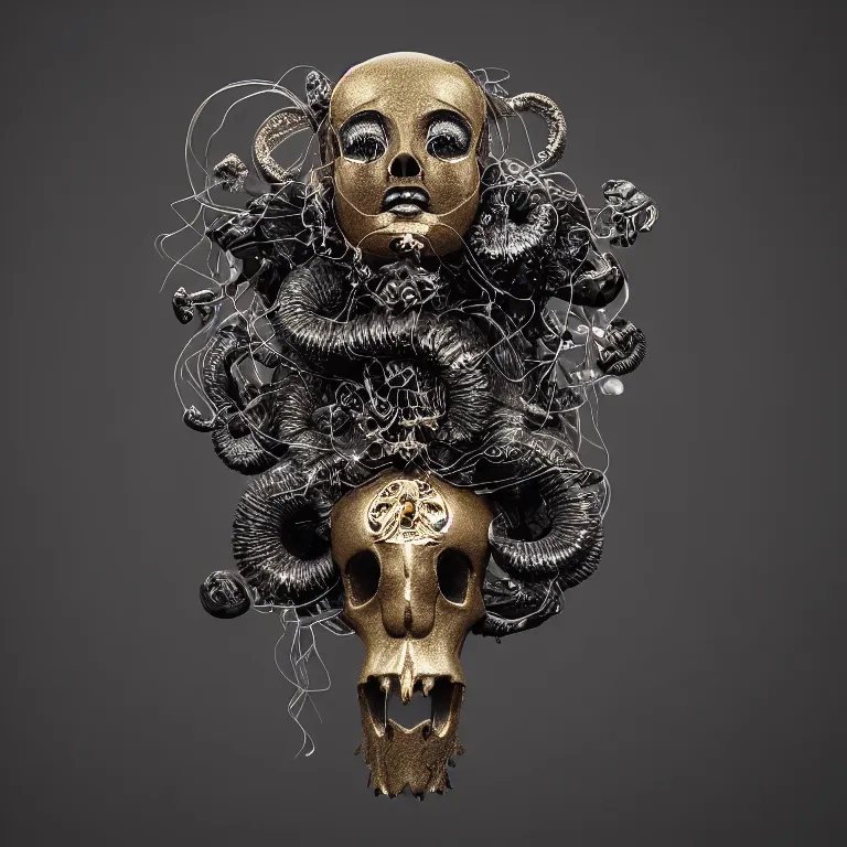 Image similar to black background. absolutely symmetrical sculpture. centered. goddess princess face close-up portrait ram skull. sculpture made of gold and black charcoal. jellyfish phoenix head, nautilus, orchid, skull, betta fish, bioluminiscent creatures, intricate artwork by Tooth Wu and wlop and beeple. octane render, trending on artstation, greg rutkowski very coherent symmetrical artwork. cinematic, hyper realism, high detail, octane render, 8k