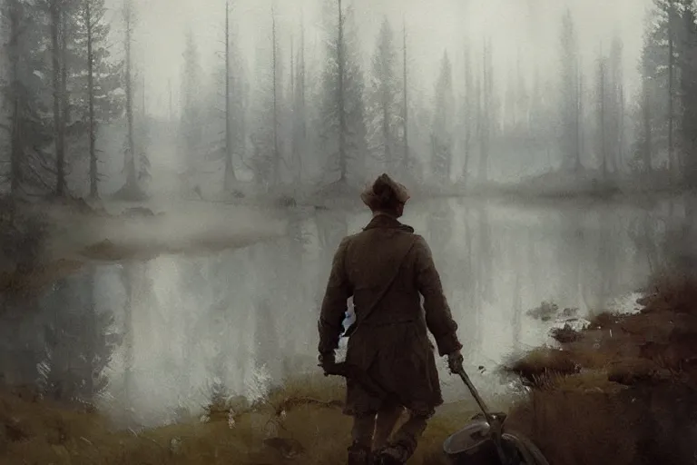 Prompt: watercolor painting of scandinavian bog, reflective, fog, ambient lighting, art by anders zorn, wonderful masterpiece by greg rutkowski, cinematic light, american romanticism by greg manchess, creation by tyler edlin