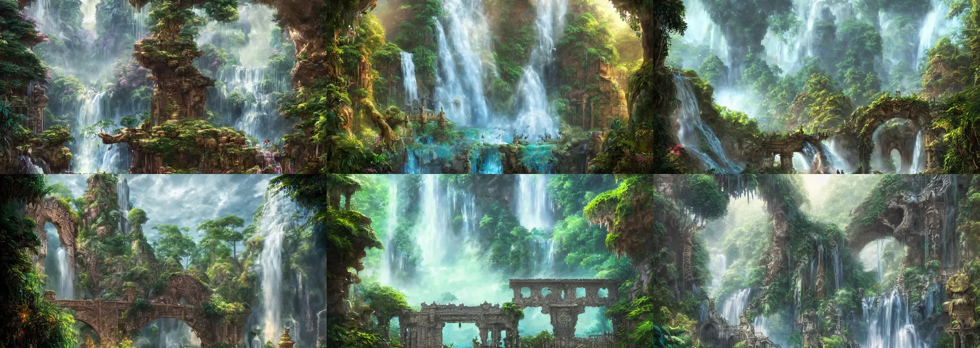 Prompt: a beautiful detailed matte painting of ancient ornamental gate in the jungle with waterfall, by tyler edlin and ghibli art, hyper realistic, anime, manga, concept art, futurism, vibrant, detailed, trending on artstation