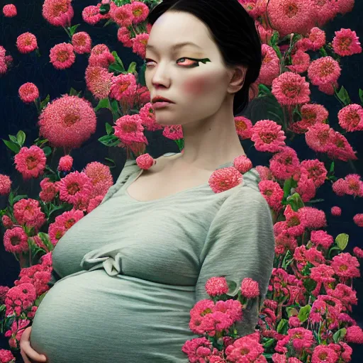 Image similar to pretty pregnant model with flowers : : by martine johanna and simon stalenhag and chie yoshii and casey weldon and wlop : : ornate, dynamic, particulate, rich colors, intricate, elegant, highly detailed, vogue, harper's bazaar art, fashion magazine, smooth, sharp focus, 8 k, octane render