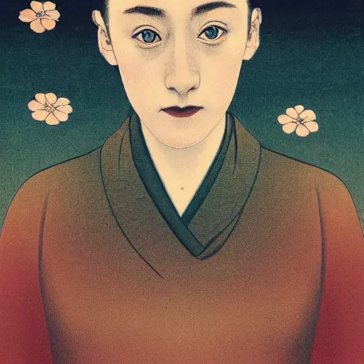 Image similar to “ saoirse ronan portrait by ikenaga yasunari and ayana otake and ko rakusui, 6 0 s poster, drawing, realistic, sharp focus, japanese, dreamy, nostalgia, faded, golden hues, floral clothes ”