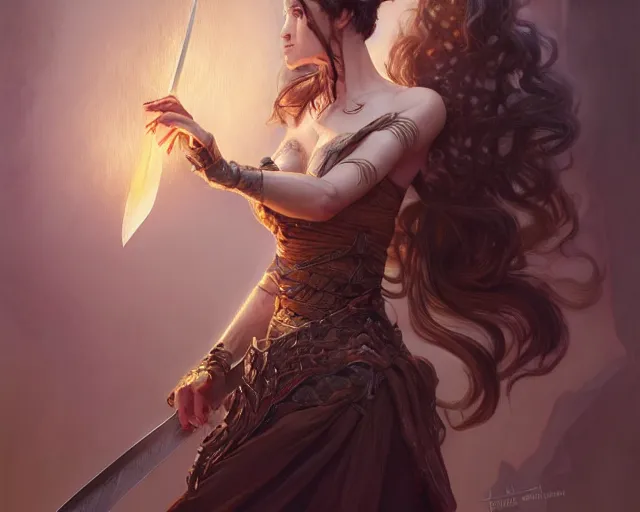 Prompt: changeling who is eclectic and has bushy hair along with a sword, deep focus, d & d, fantasy, intricate, elegant, highly detailed, digital painting, artstation, concept art, matte, sharp focus, illustration, hearthstone, art by artgerm and greg rutkowski and alphonse mucha