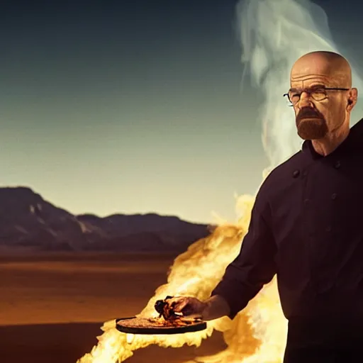 Image similar to walter white cooking a pizza with a blowtorch in the desert, cinematic view, dramatic pose, dramatic lighting