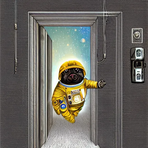 Image similar to golden - ration, gif, high - resolution, pencil art, colorized, extra - detailed, 8 k - resolution, pug astronaut, opening door, in space that leads into the universe